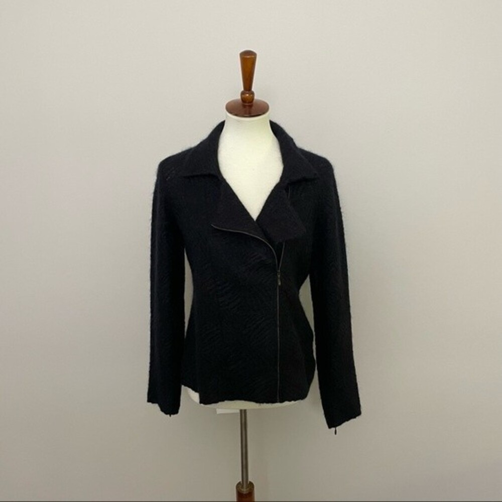 Eileen Fisher Sweater Moto Zipper Cuffs Lightweight Mohair Wool Blend Black